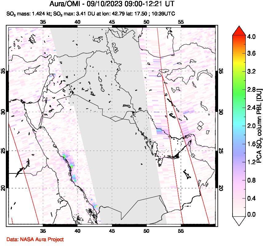 A sulfur dioxide image over Middle East on Sep 10, 2023.