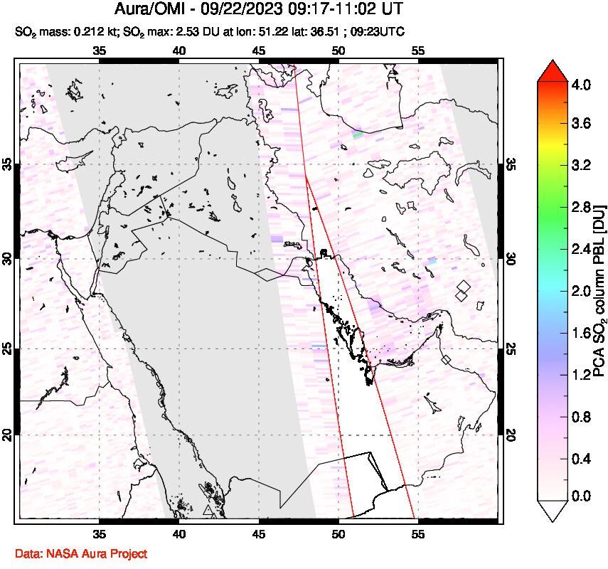 A sulfur dioxide image over Middle East on Sep 22, 2023.