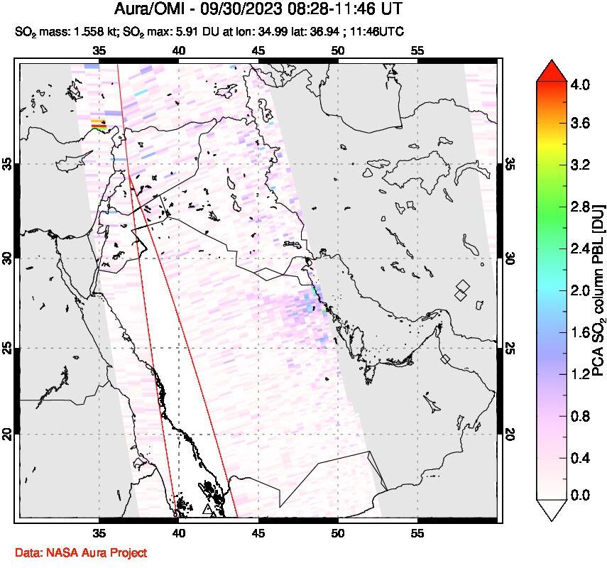 A sulfur dioxide image over Middle East on Sep 30, 2023.