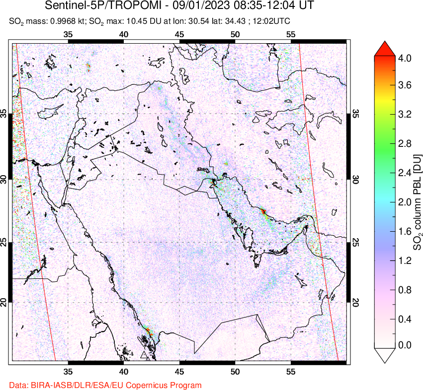 A sulfur dioxide image over Middle East on Sep 01, 2023.