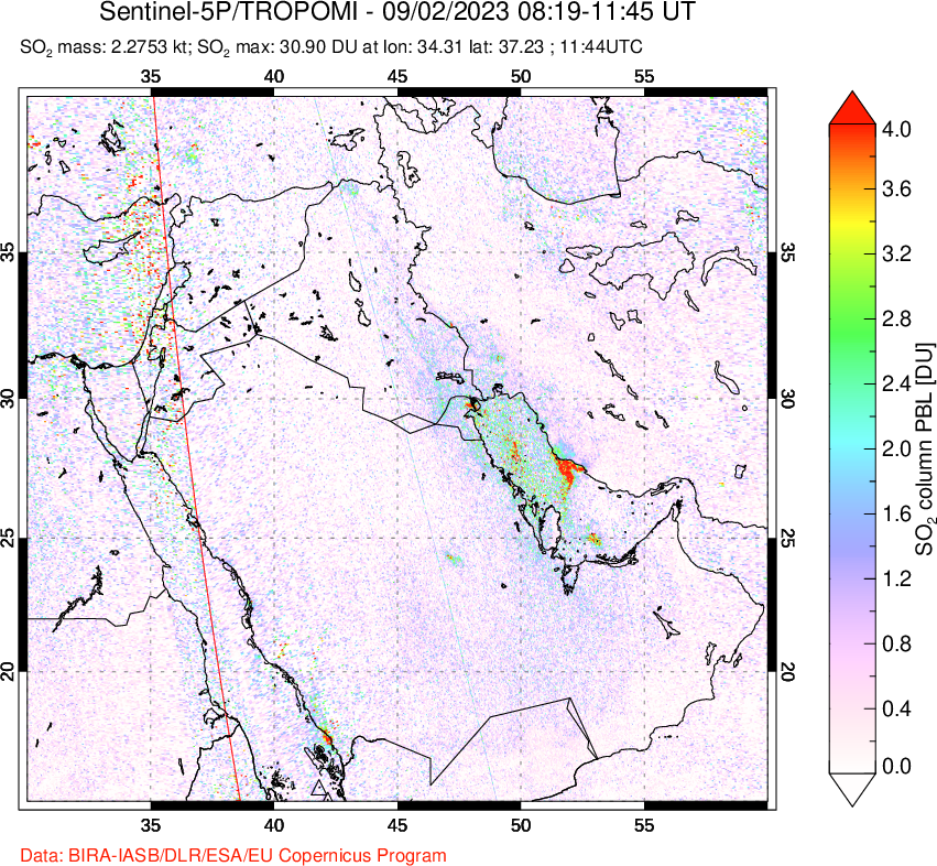 A sulfur dioxide image over Middle East on Sep 02, 2023.