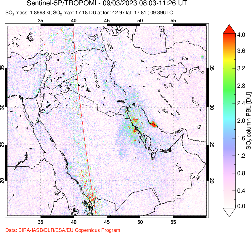 A sulfur dioxide image over Middle East on Sep 03, 2023.