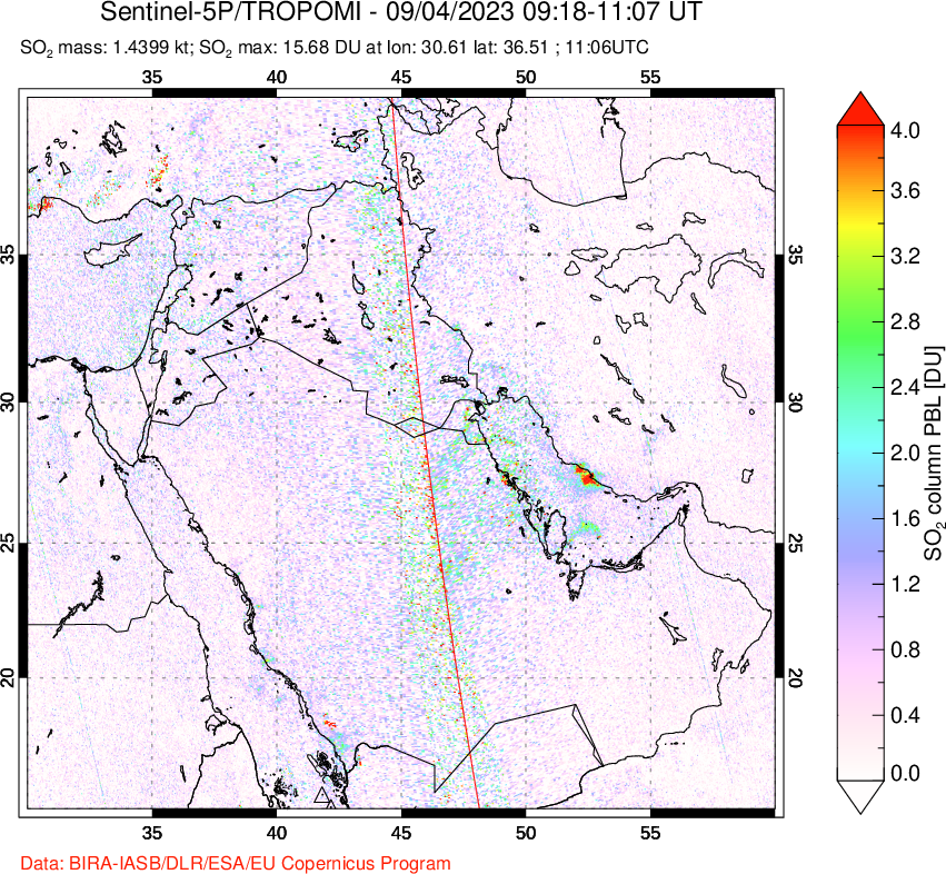 A sulfur dioxide image over Middle East on Sep 04, 2023.