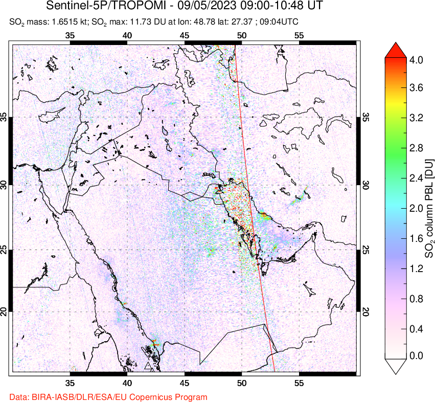 A sulfur dioxide image over Middle East on Sep 05, 2023.