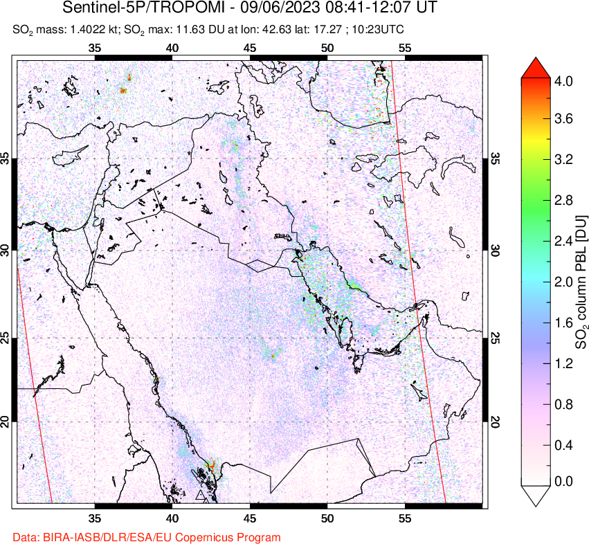 A sulfur dioxide image over Middle East on Sep 06, 2023.