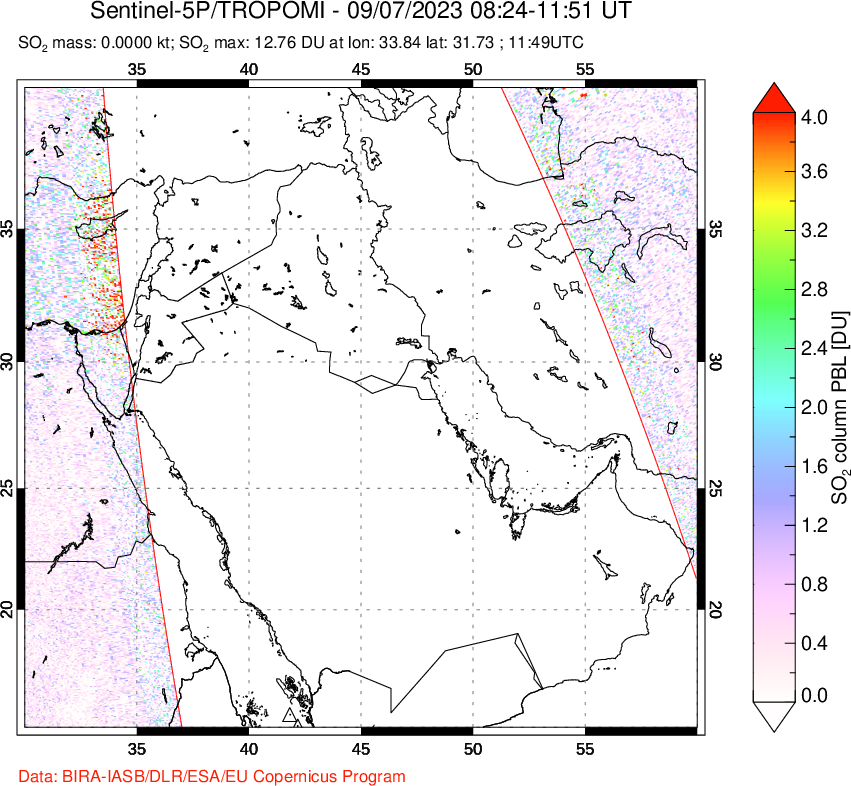 A sulfur dioxide image over Middle East on Sep 07, 2023.