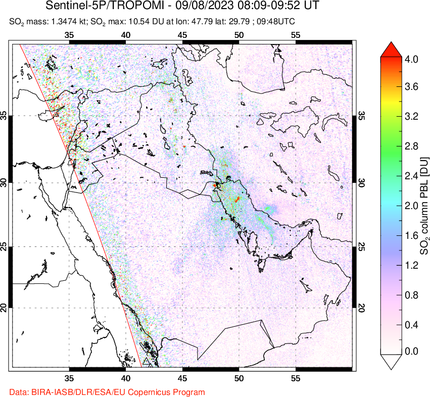 A sulfur dioxide image over Middle East on Sep 08, 2023.