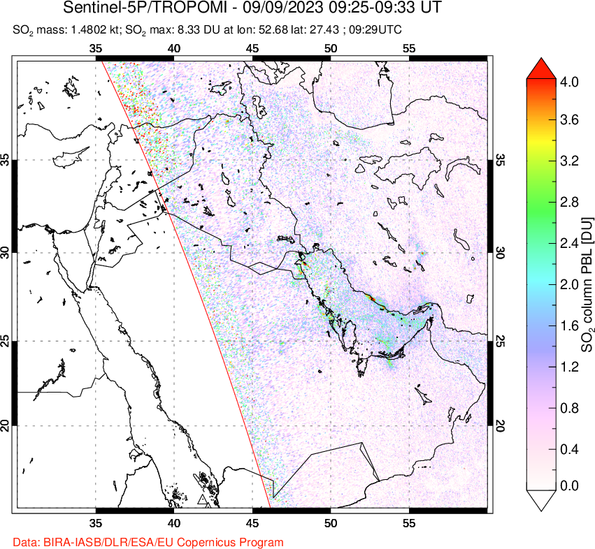 A sulfur dioxide image over Middle East on Sep 09, 2023.