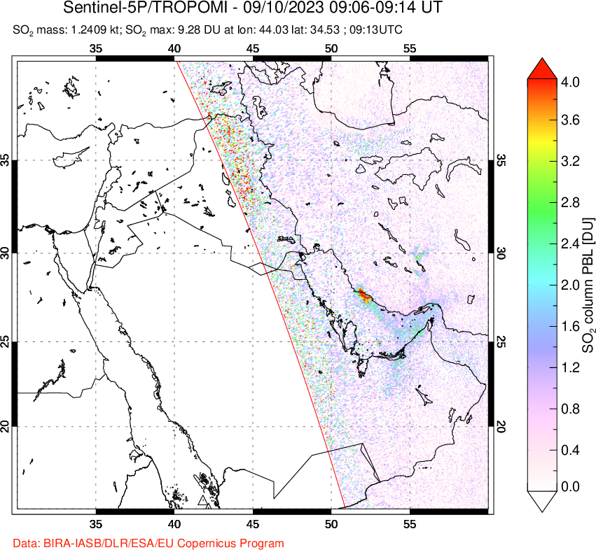 A sulfur dioxide image over Middle East on Sep 10, 2023.