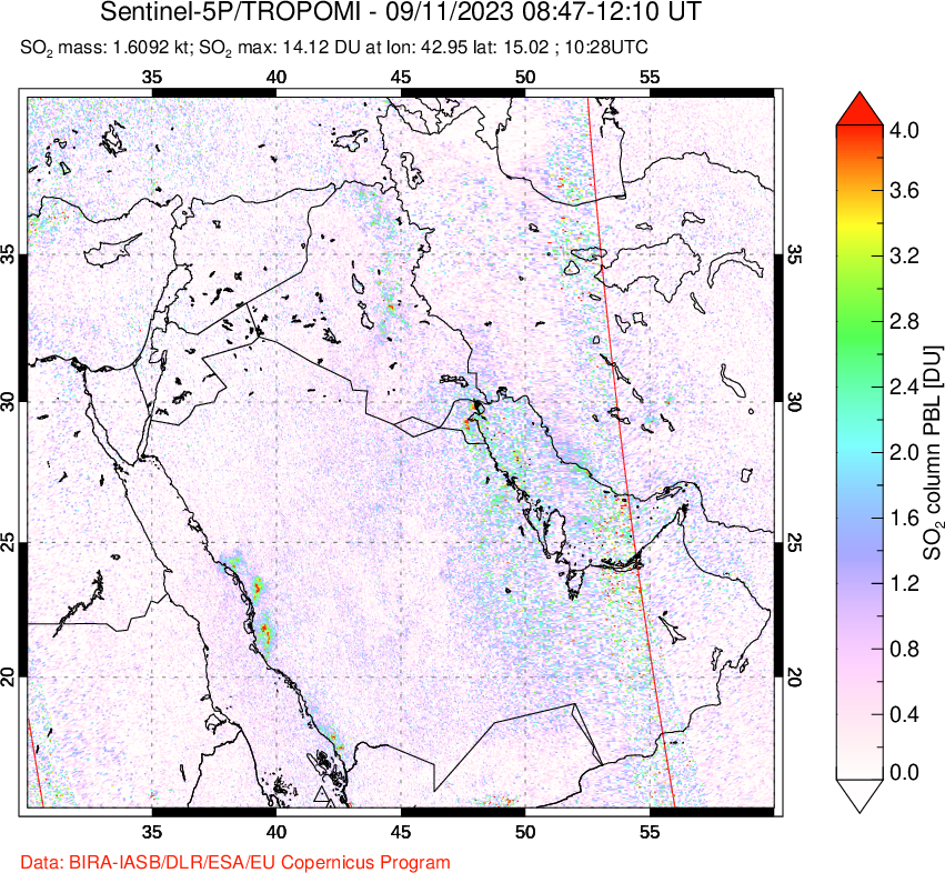 A sulfur dioxide image over Middle East on Sep 11, 2023.