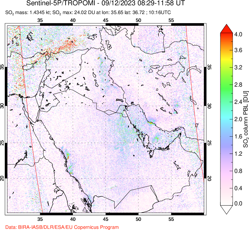 A sulfur dioxide image over Middle East on Sep 12, 2023.