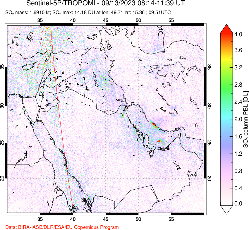 A sulfur dioxide image over Middle East on Sep 13, 2023.