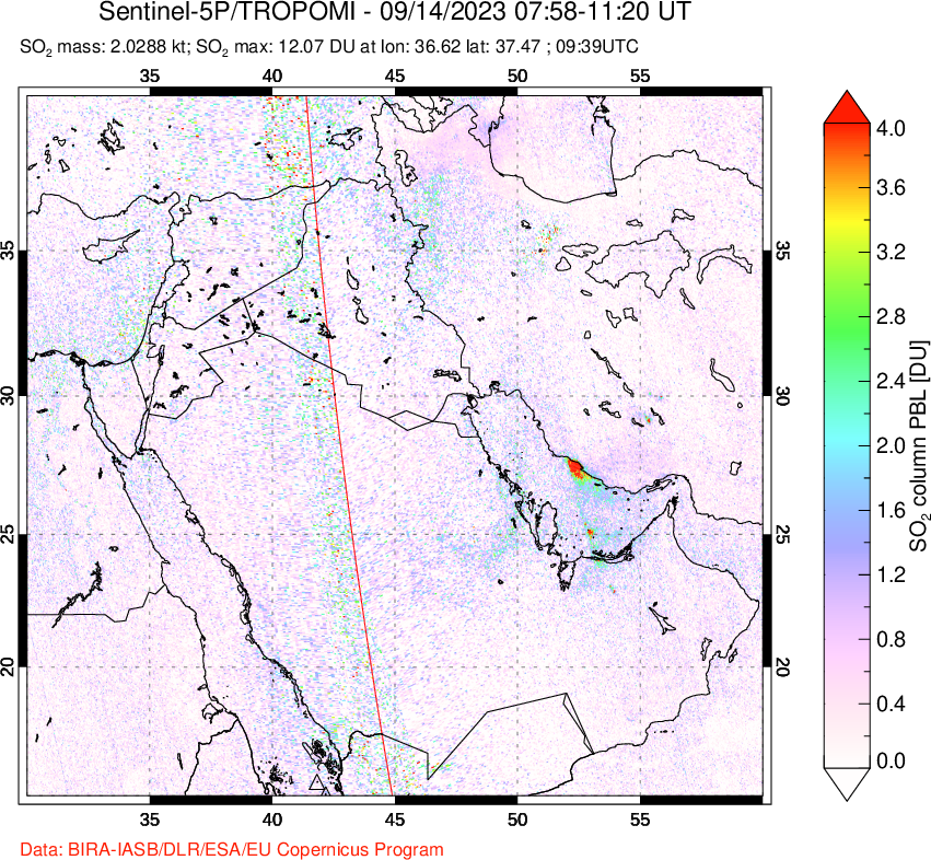 A sulfur dioxide image over Middle East on Sep 14, 2023.