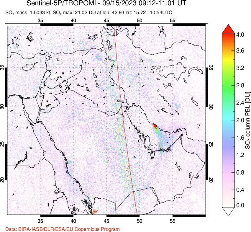 A sulfur dioxide image over Middle East on Sep 15, 2023.