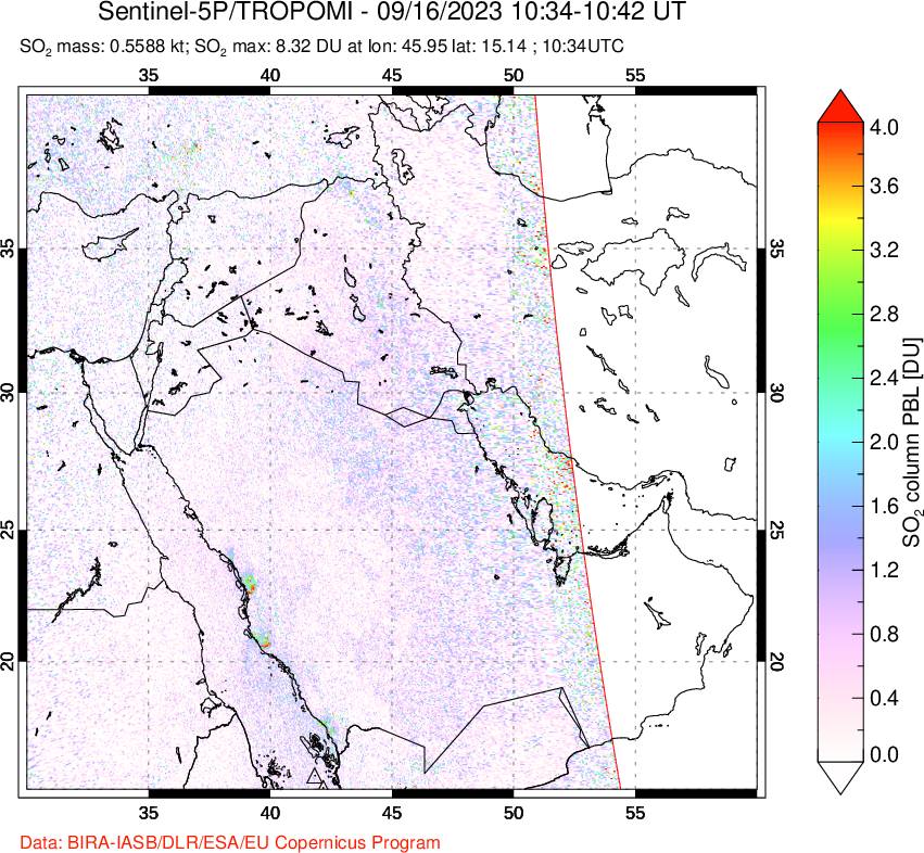 A sulfur dioxide image over Middle East on Sep 16, 2023.