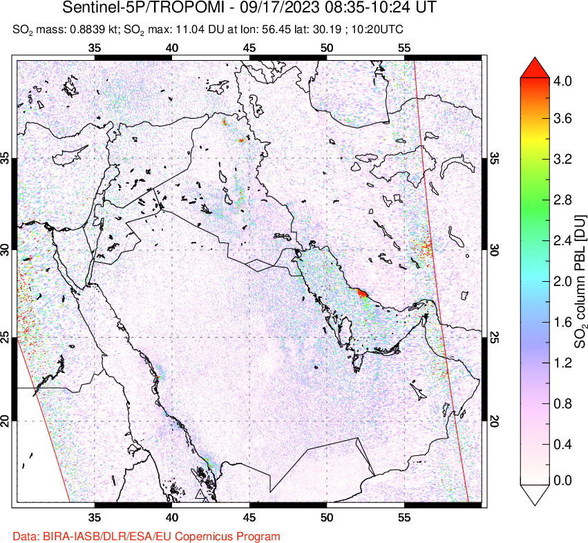 A sulfur dioxide image over Middle East on Sep 17, 2023.