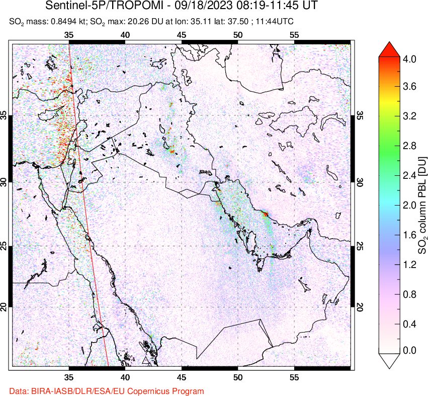 A sulfur dioxide image over Middle East on Sep 18, 2023.