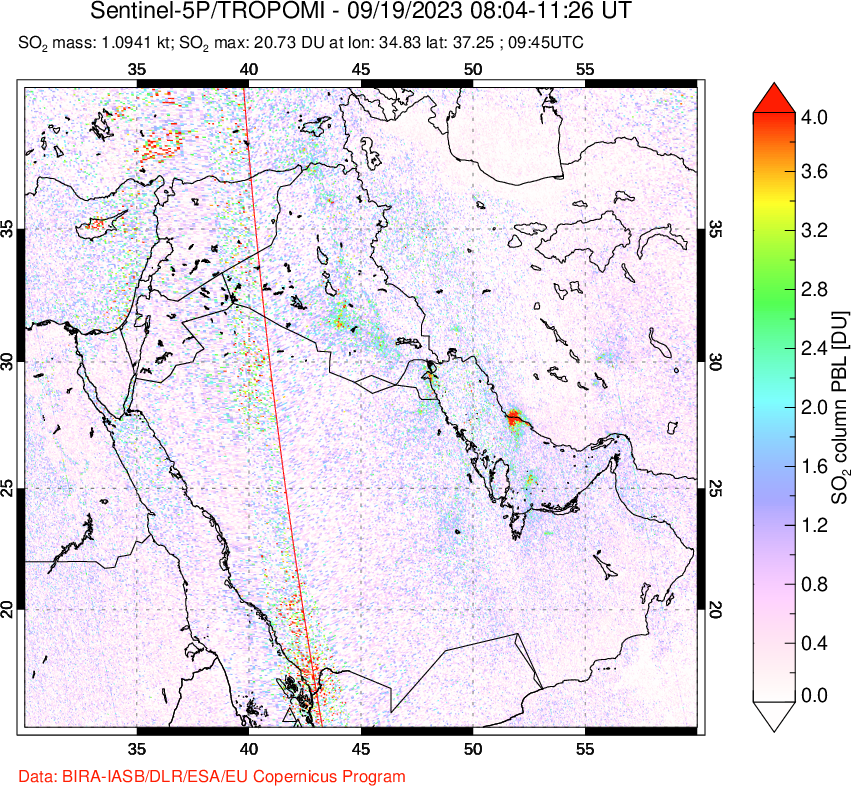 A sulfur dioxide image over Middle East on Sep 19, 2023.