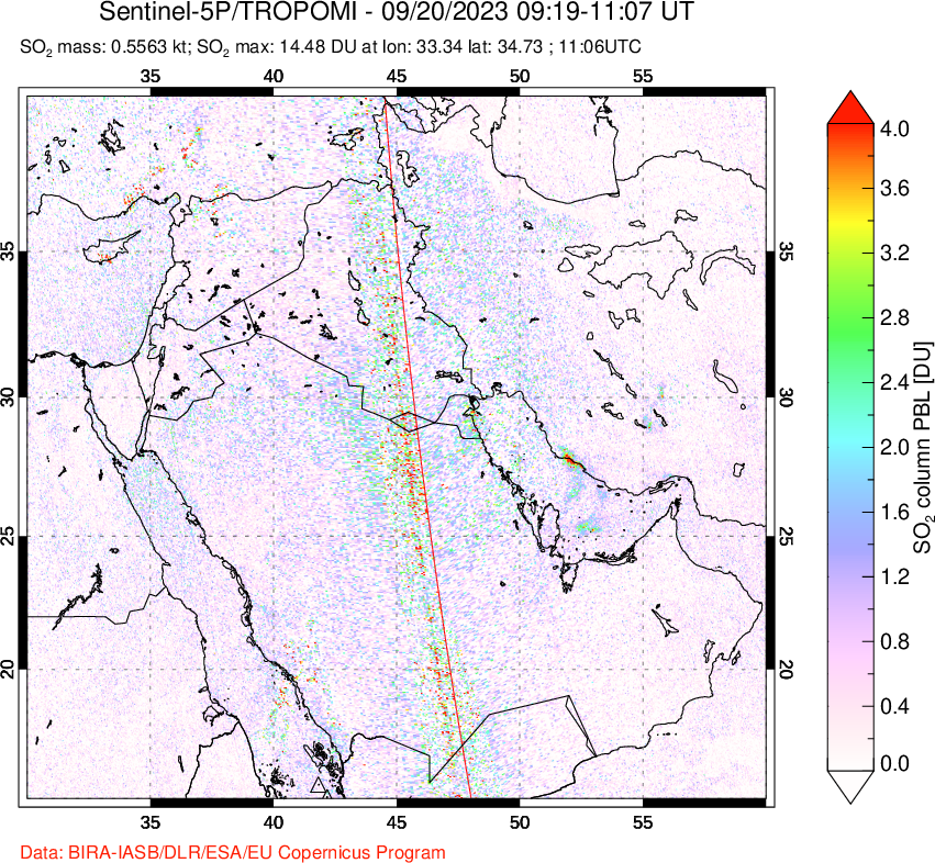 A sulfur dioxide image over Middle East on Sep 20, 2023.