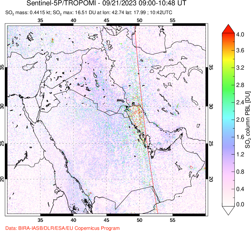 A sulfur dioxide image over Middle East on Sep 21, 2023.