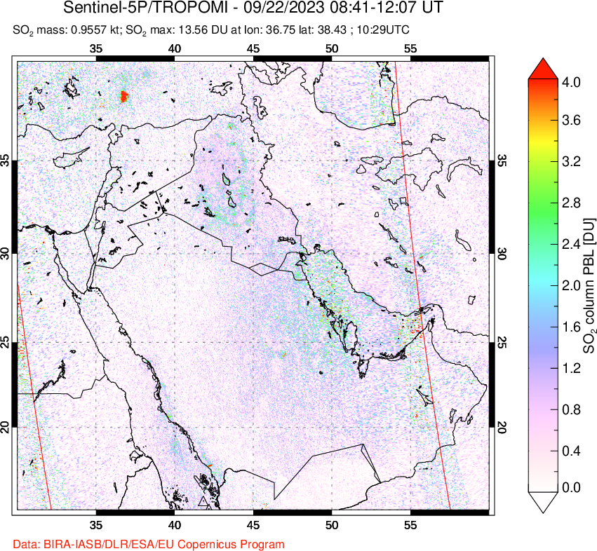 A sulfur dioxide image over Middle East on Sep 22, 2023.