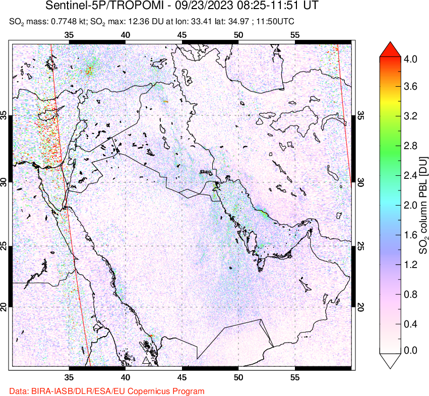 A sulfur dioxide image over Middle East on Sep 23, 2023.