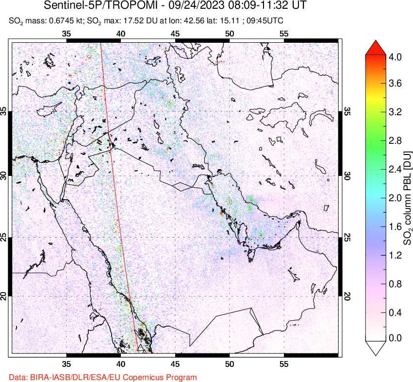 A sulfur dioxide image over Middle East on Sep 24, 2023.