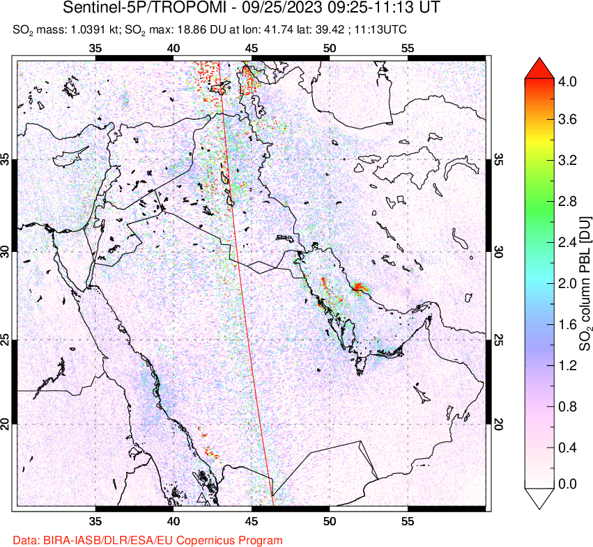 A sulfur dioxide image over Middle East on Sep 25, 2023.