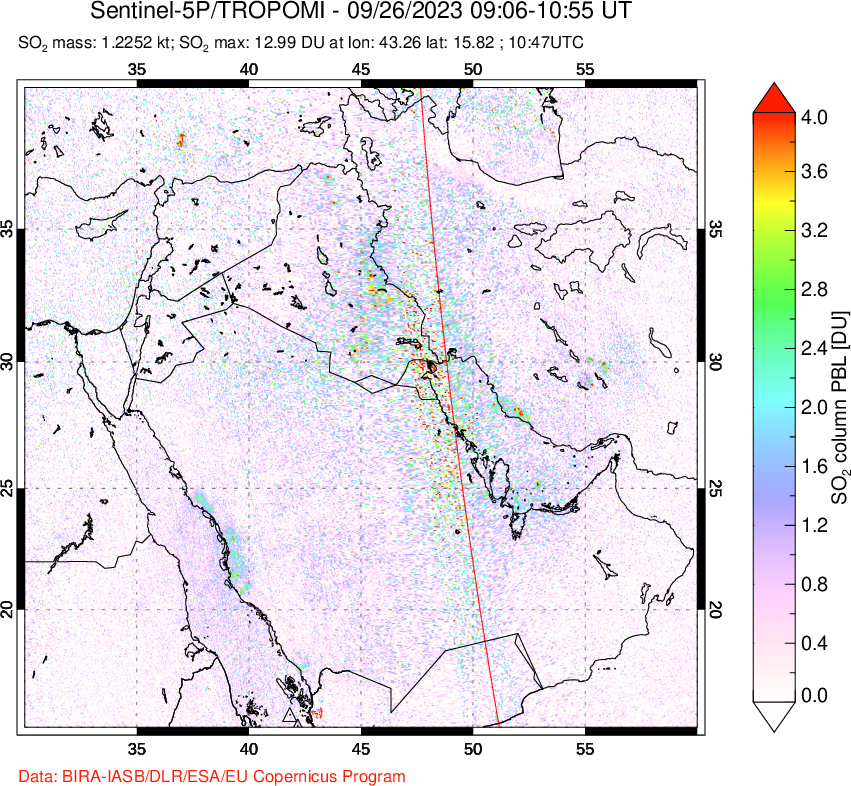 A sulfur dioxide image over Middle East on Sep 26, 2023.