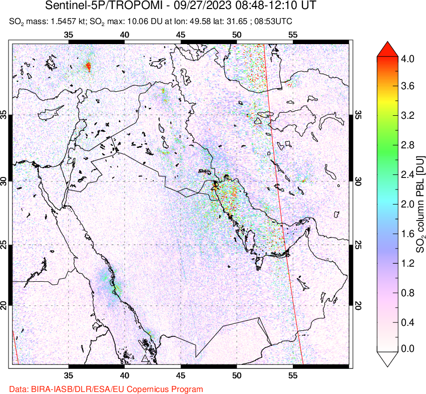 A sulfur dioxide image over Middle East on Sep 27, 2023.