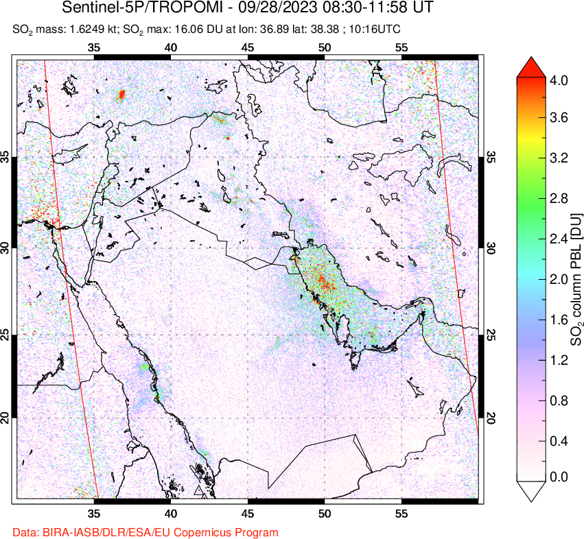 A sulfur dioxide image over Middle East on Sep 28, 2023.