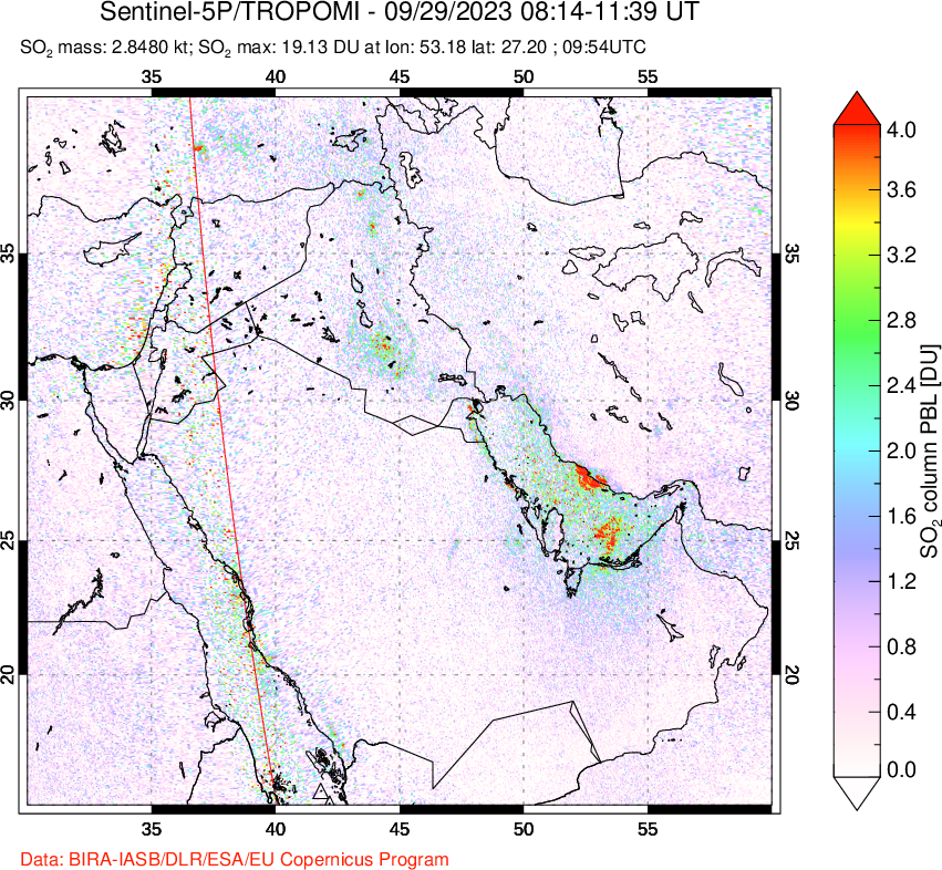 A sulfur dioxide image over Middle East on Sep 29, 2023.