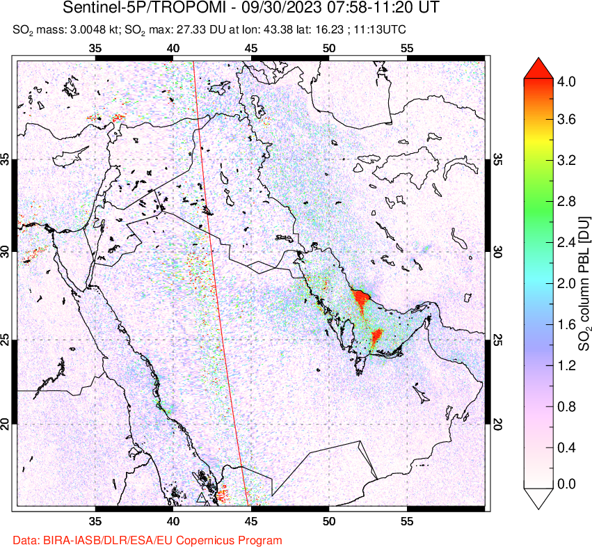 A sulfur dioxide image over Middle East on Sep 30, 2023.