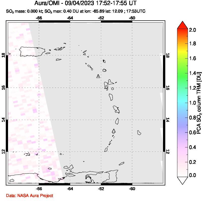 A sulfur dioxide image over Montserrat, West Indies on Sep 04, 2023.