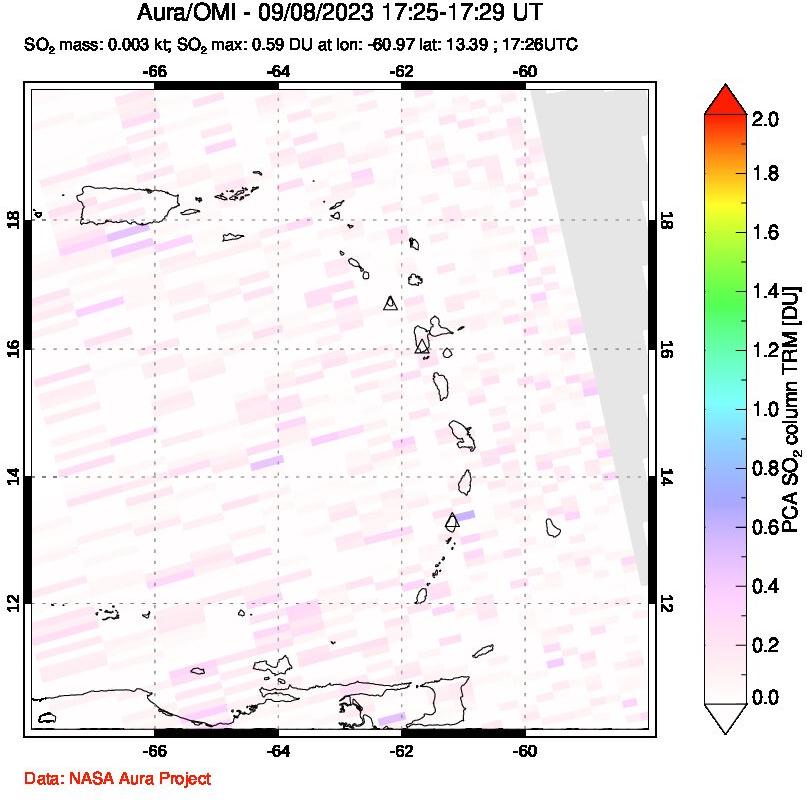 A sulfur dioxide image over Montserrat, West Indies on Sep 08, 2023.