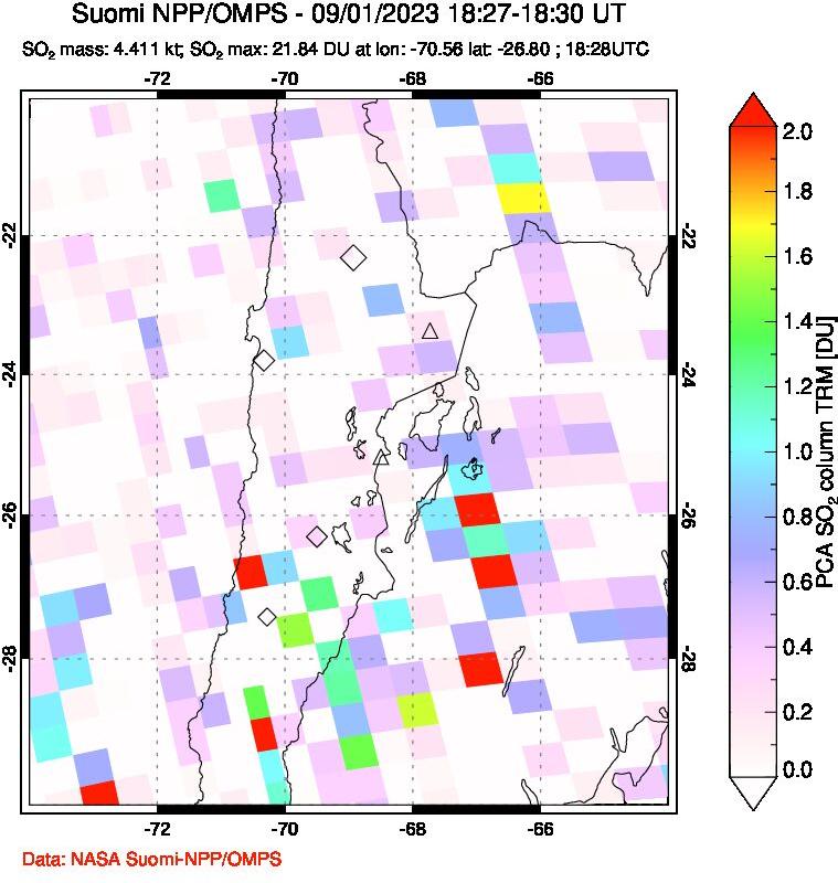 A sulfur dioxide image over Northern Chile on Sep 01, 2023.