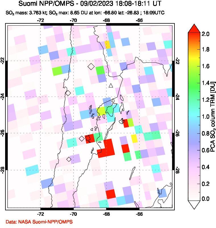 A sulfur dioxide image over Northern Chile on Sep 02, 2023.