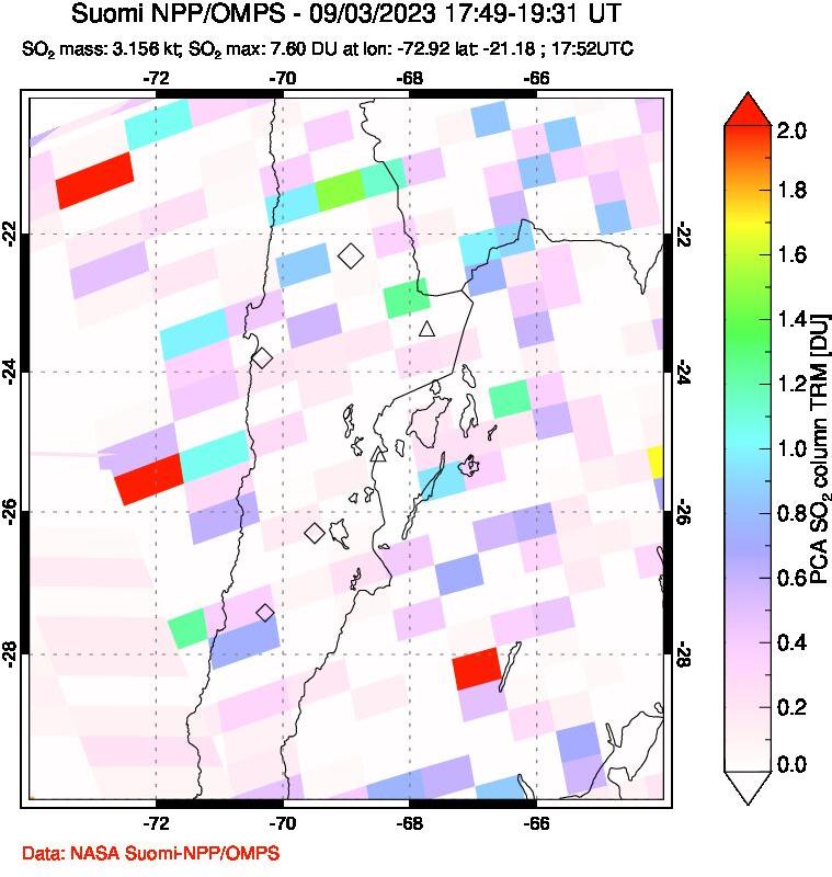 A sulfur dioxide image over Northern Chile on Sep 03, 2023.