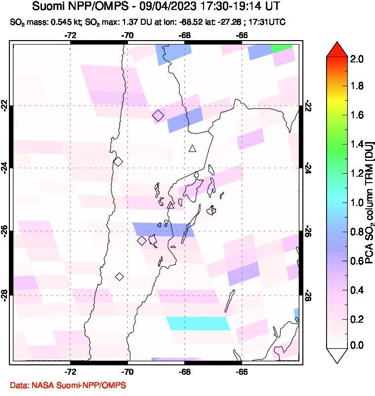 A sulfur dioxide image over Northern Chile on Sep 04, 2023.