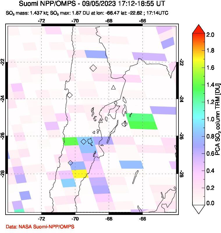 A sulfur dioxide image over Northern Chile on Sep 05, 2023.