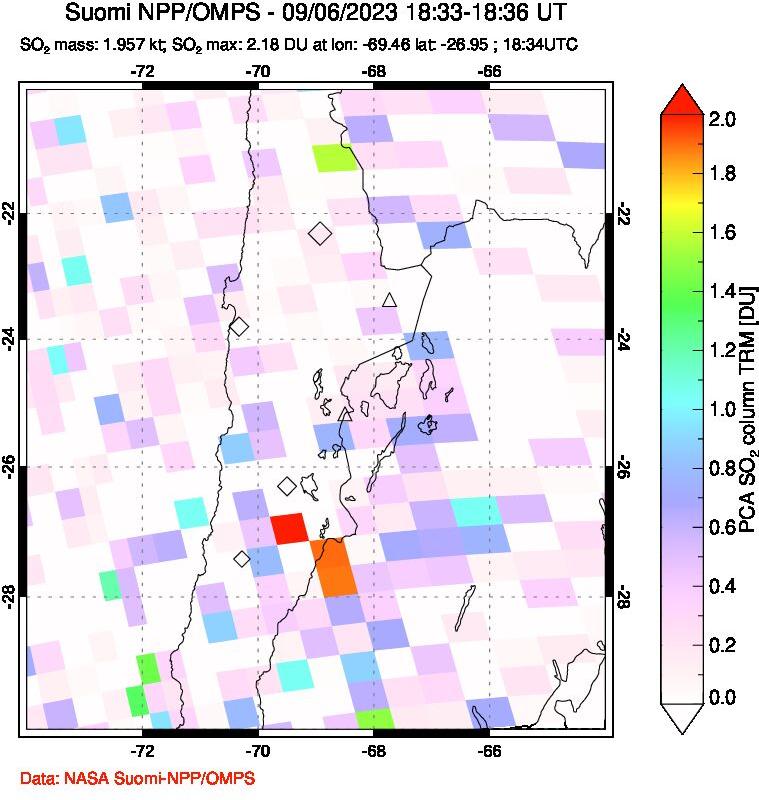 A sulfur dioxide image over Northern Chile on Sep 06, 2023.