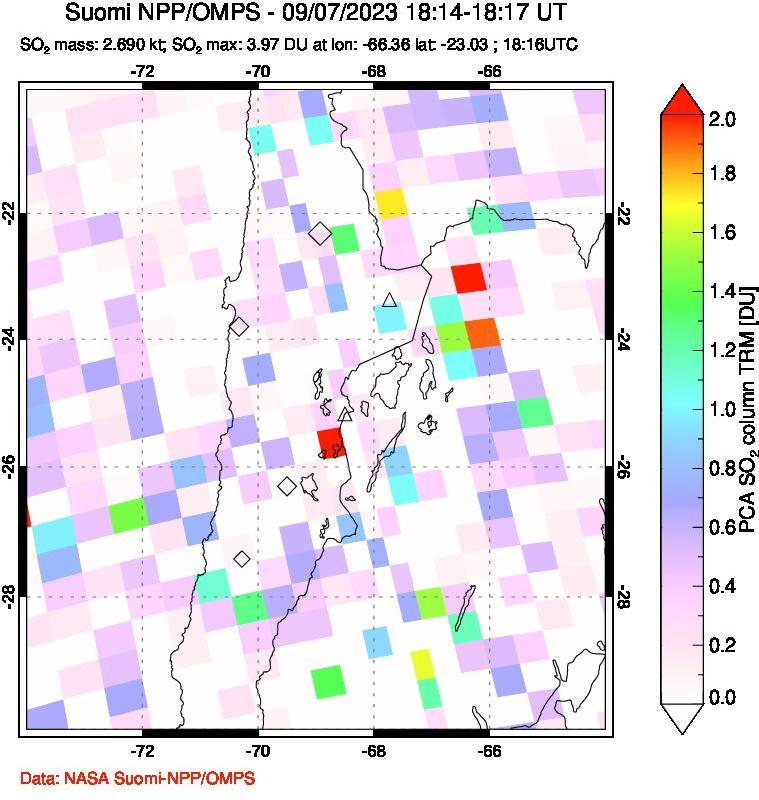 A sulfur dioxide image over Northern Chile on Sep 07, 2023.