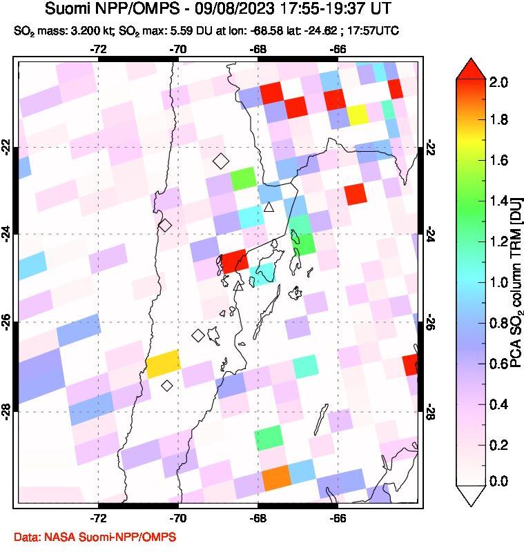 A sulfur dioxide image over Northern Chile on Sep 08, 2023.