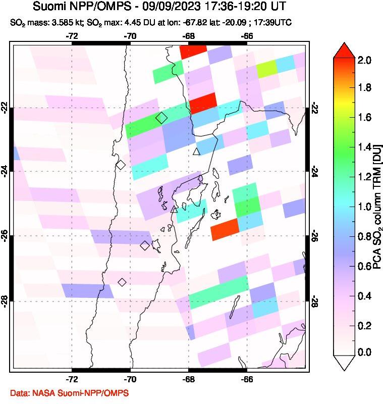 A sulfur dioxide image over Northern Chile on Sep 09, 2023.