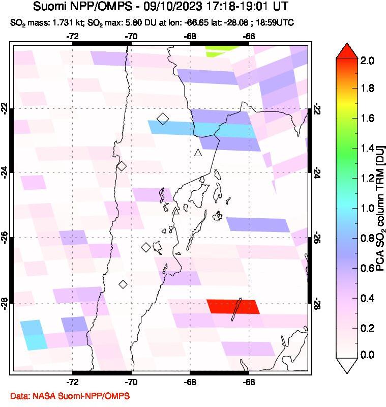 A sulfur dioxide image over Northern Chile on Sep 10, 2023.