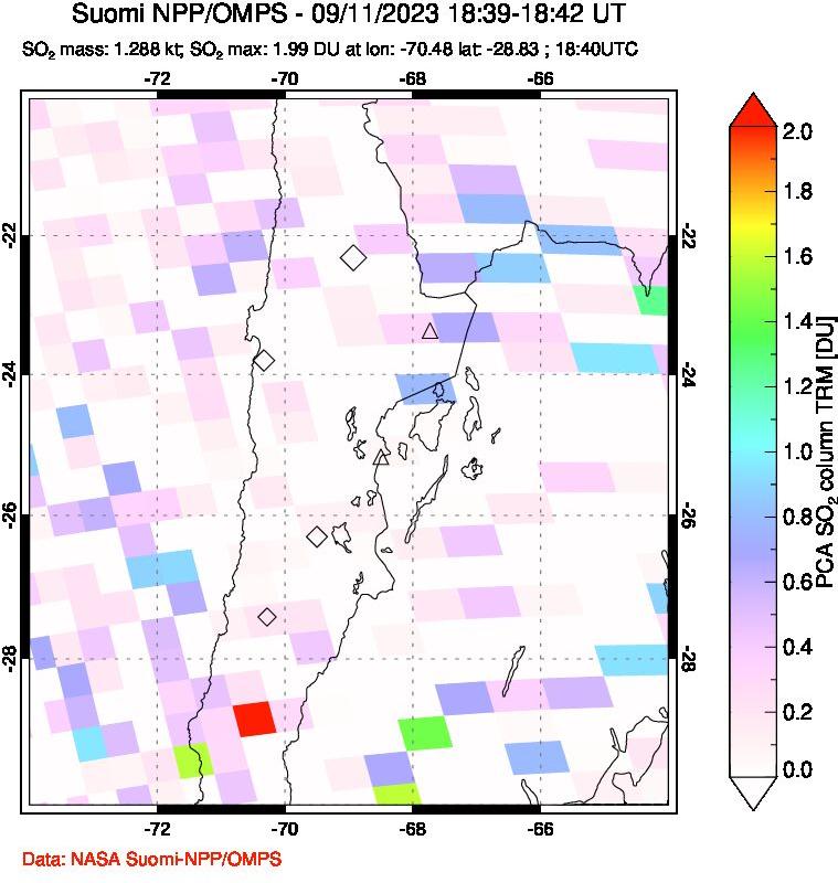 A sulfur dioxide image over Northern Chile on Sep 11, 2023.