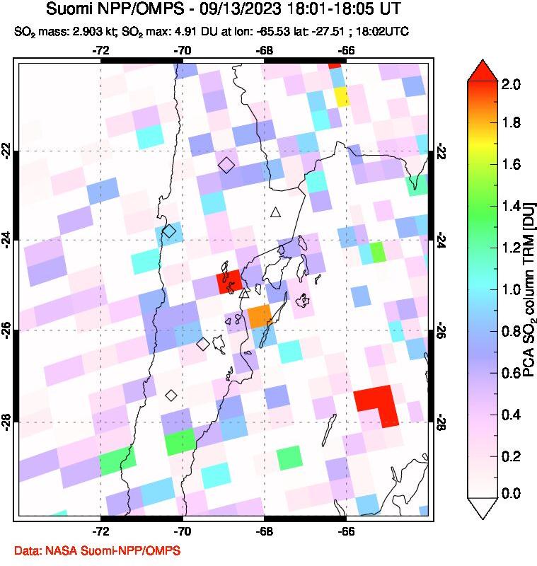 A sulfur dioxide image over Northern Chile on Sep 13, 2023.