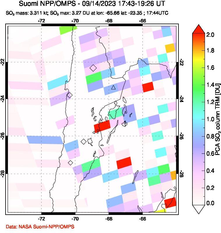 A sulfur dioxide image over Northern Chile on Sep 14, 2023.