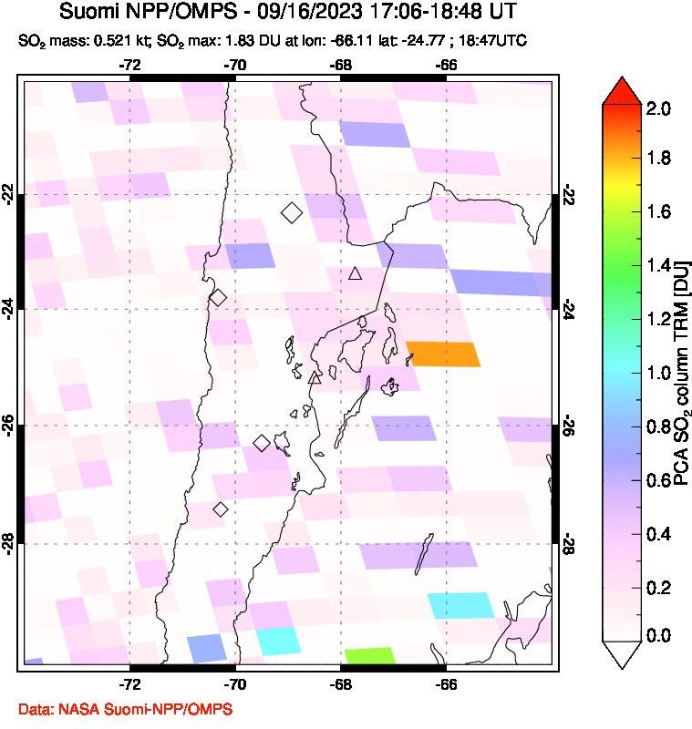 A sulfur dioxide image over Northern Chile on Sep 16, 2023.