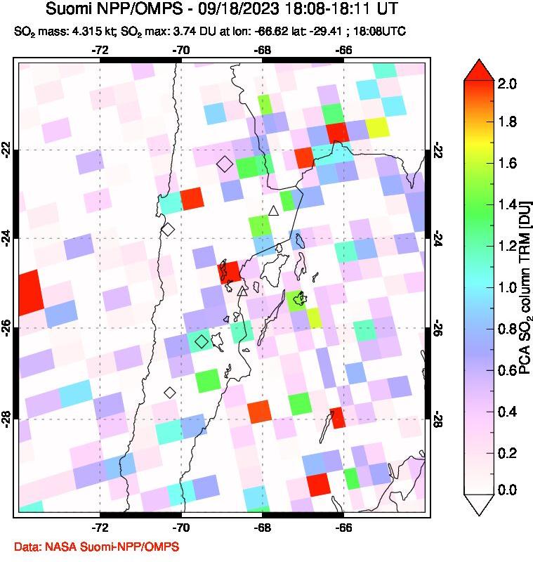 A sulfur dioxide image over Northern Chile on Sep 18, 2023.